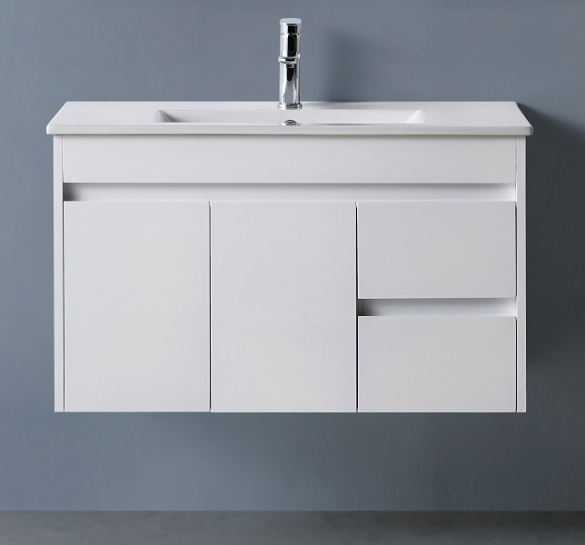 900mm PVC Bathroom Vanity Wall Hung Finger Pull White Right Drawers Bathrooms On A Budget